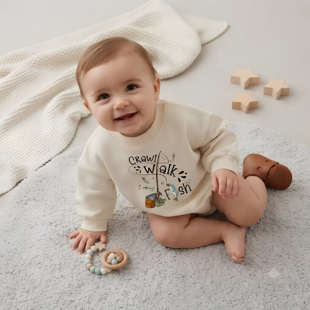 Crawl Walk Fish Baby Romper Sweatshirt, Fishing Lover Baby Romper Sweater BB0878