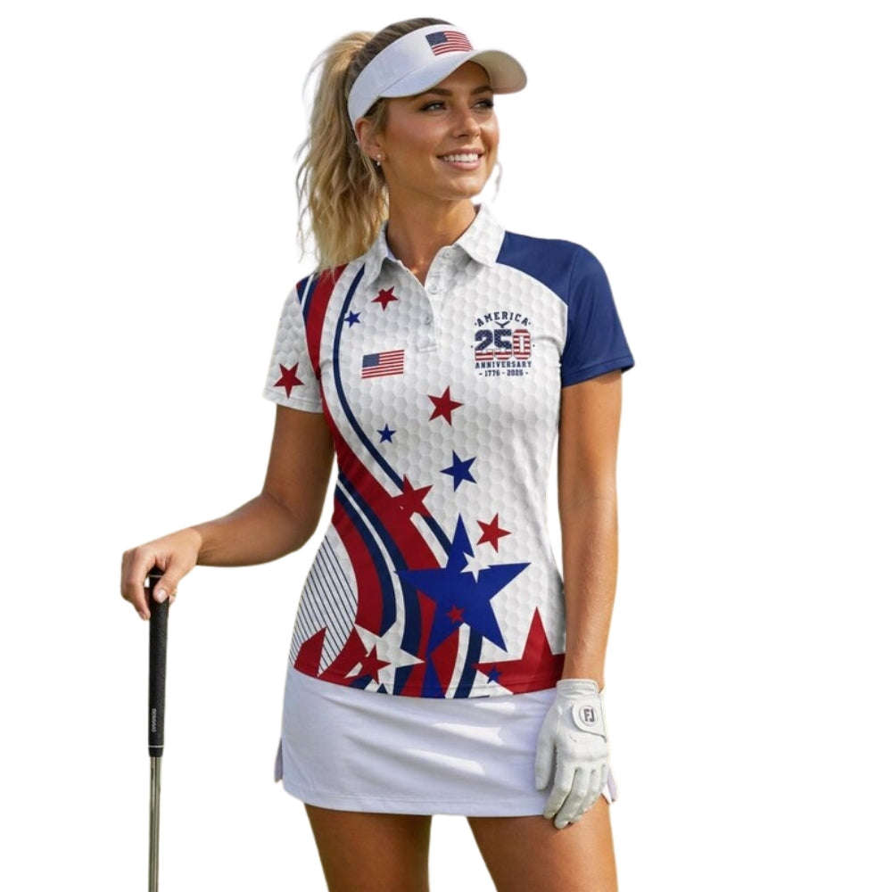 250th Anniversary Women's White Red Blue Star US Flag Golf Polo Shirt, 1776-2026 Semi-Quincentennial Golf Shirts For Ladies GE0419