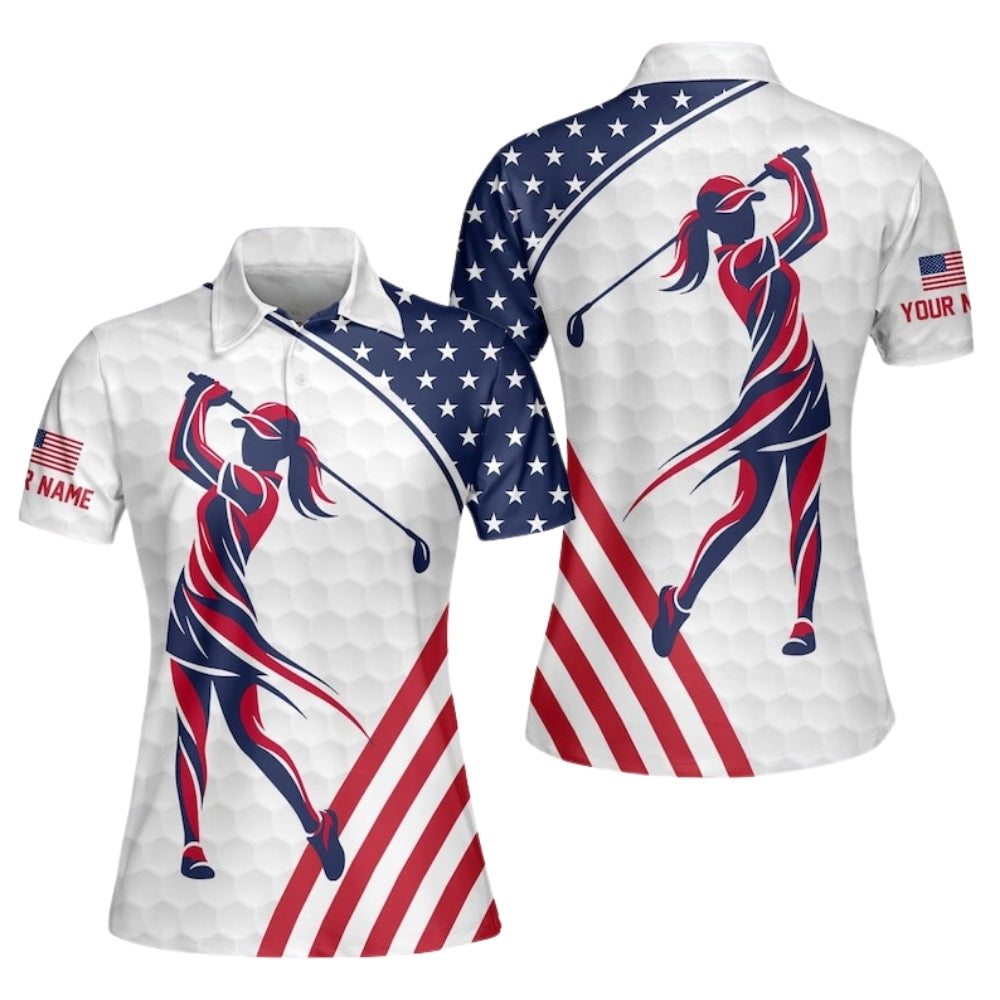 Custom Women's American Flag Golf Polo Shirt, Custom Patriotic 4th Of July Golf Shirts For Ladies GE0420