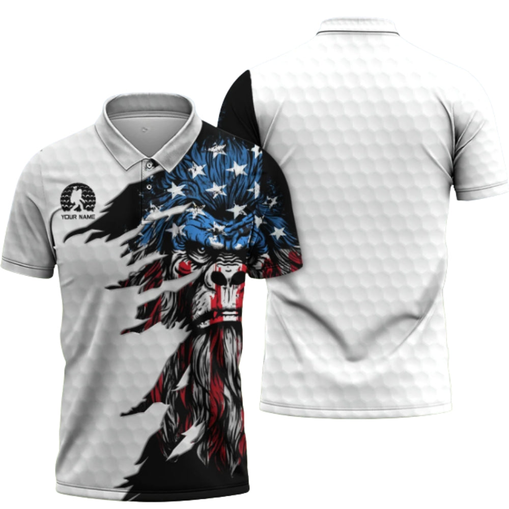 Custom American Flag Bigfoot Men's Golf Polo Shirt, Custom Patriotic Sasquatch Golf Shirt GZ0201