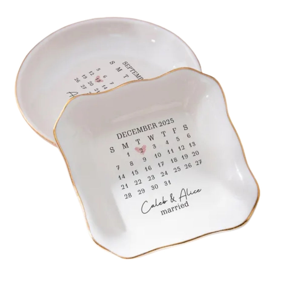 Custom Calendar Date Engagement Wedding Ring Dish, Custom Calendar Wedding Jewelry Dish For Bridal WD0179