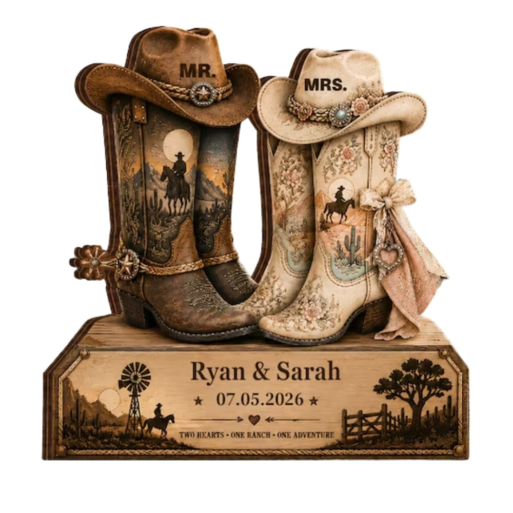 Personalized Cowboy Boots Mr Mrs Wooden Plaque, Custom Western Wedding Wooden Block For Couple WD0874