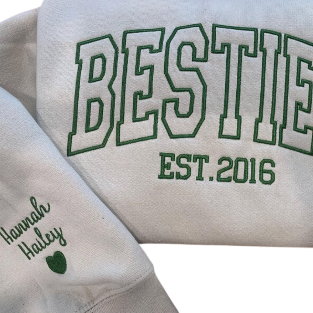 Custom Embroidered Besties Sweatshirt With Names On Sleeve, Custom Matching Best Friend Sweatshirt 2D0273
