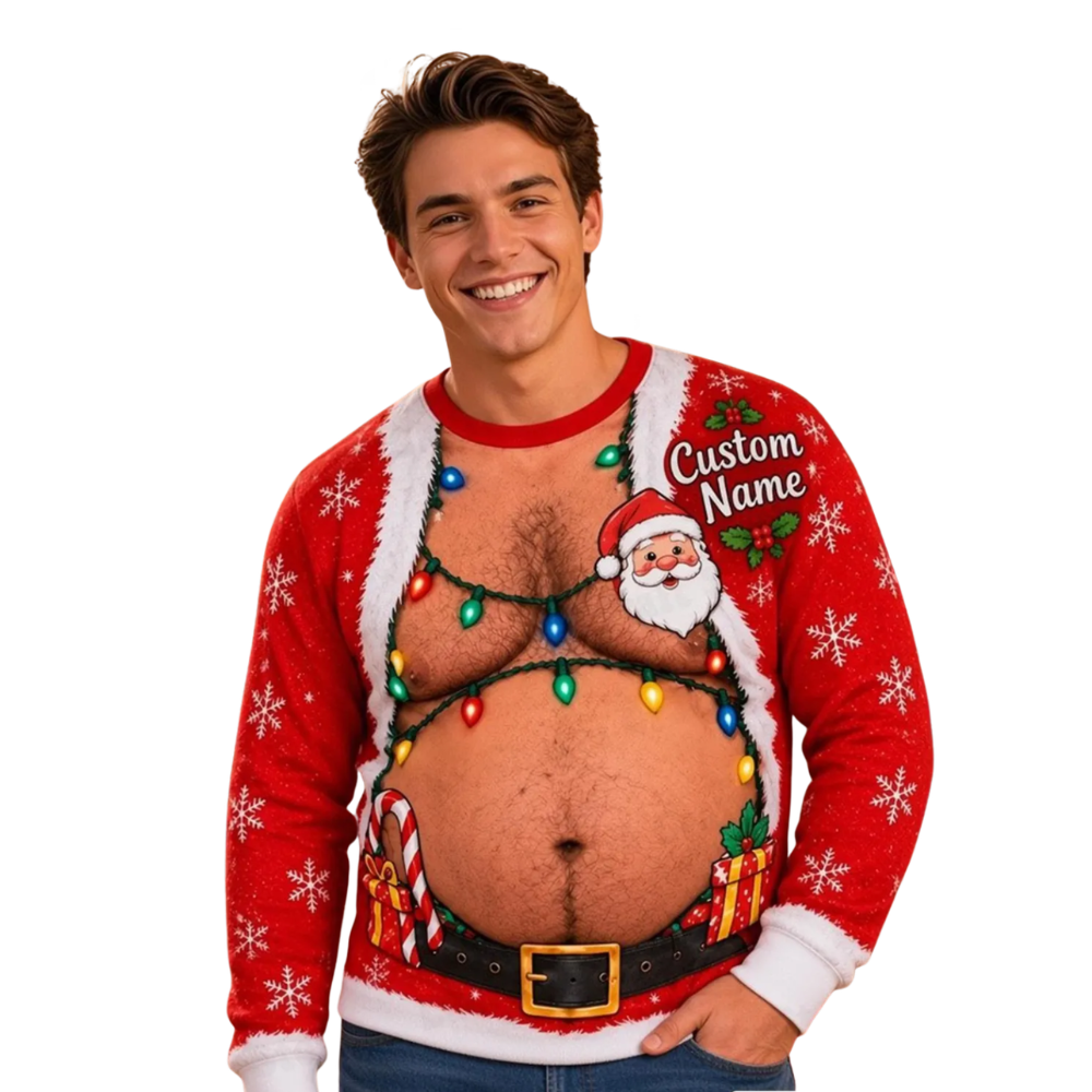 Santa Fat Belly Custom Mens Christmas 3D Sweatshirt, Custom Funny Christmas Sweatshirt With Name 2D1169