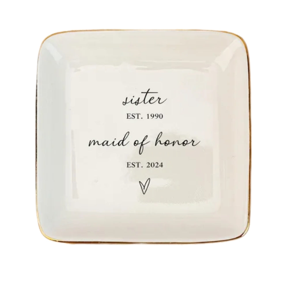 Sister Maid Of Honor Personalized Bridesmaid Wedding Ring Dish, Custom Maid Of Honor Jewelry Dish With Year WD0180