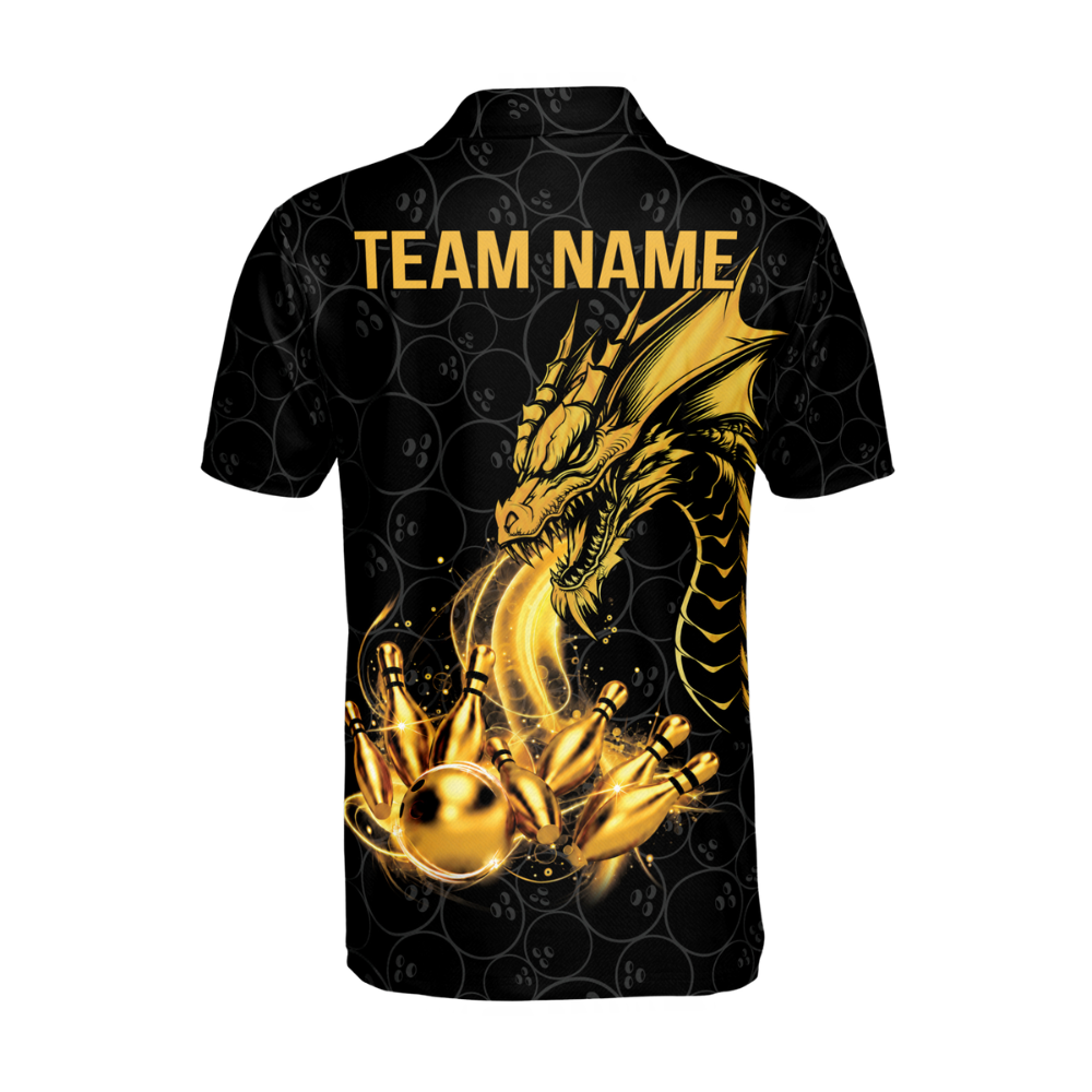 Custom Dragon Black And Gold Bowling Polo Shirts For Men, Custom Dragon Team Bowling Shirts BM0353