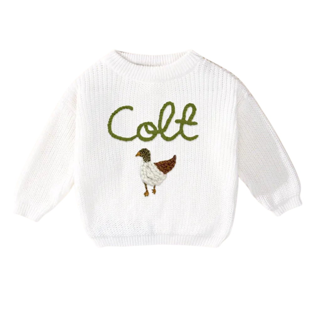 Custom Name Mallard Duck Baby Embroidered Sweater, Personalized Hand Embroidered Duck Sweater For Baby BB0122