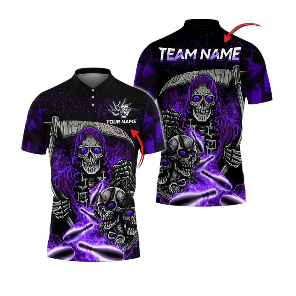 Custom Grim Reaper Men's Bowling Polo Shirts, Custom Skull Bowling Team Shirts BZ1048