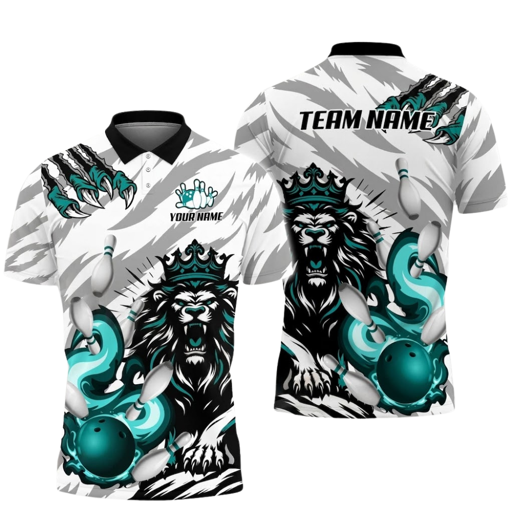 Custom Lion Flame Blue White Bowling Polo Shirt Men, Custom Team Lion Bowling Shirts BZ0689