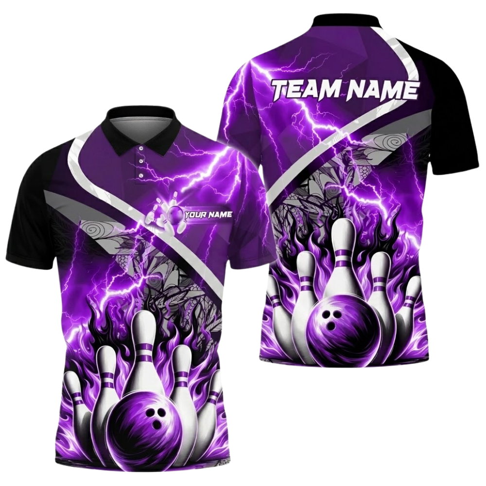 Custom Blue Thunder Flame Bowling Polo Shirt For Men, Custom Team Flame Bowling Shirts BZ0513