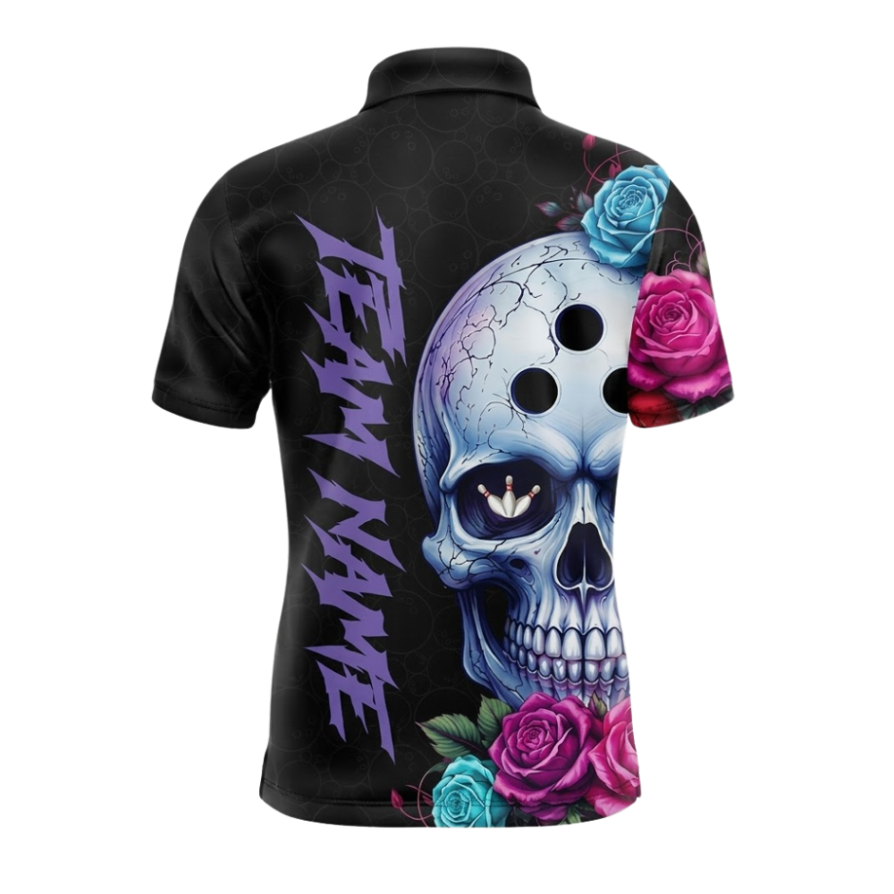 Custom Skull Floral Bowling Polo Shirts Mens, Custom Skull Team Bowling Shirts BZ1111