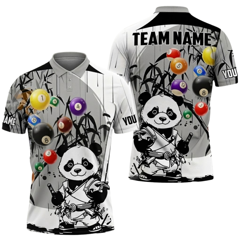 Custom Panda Black White Bowling Mens Polo Shirt, Custom Panda Team Bowling Shirts BZ0686