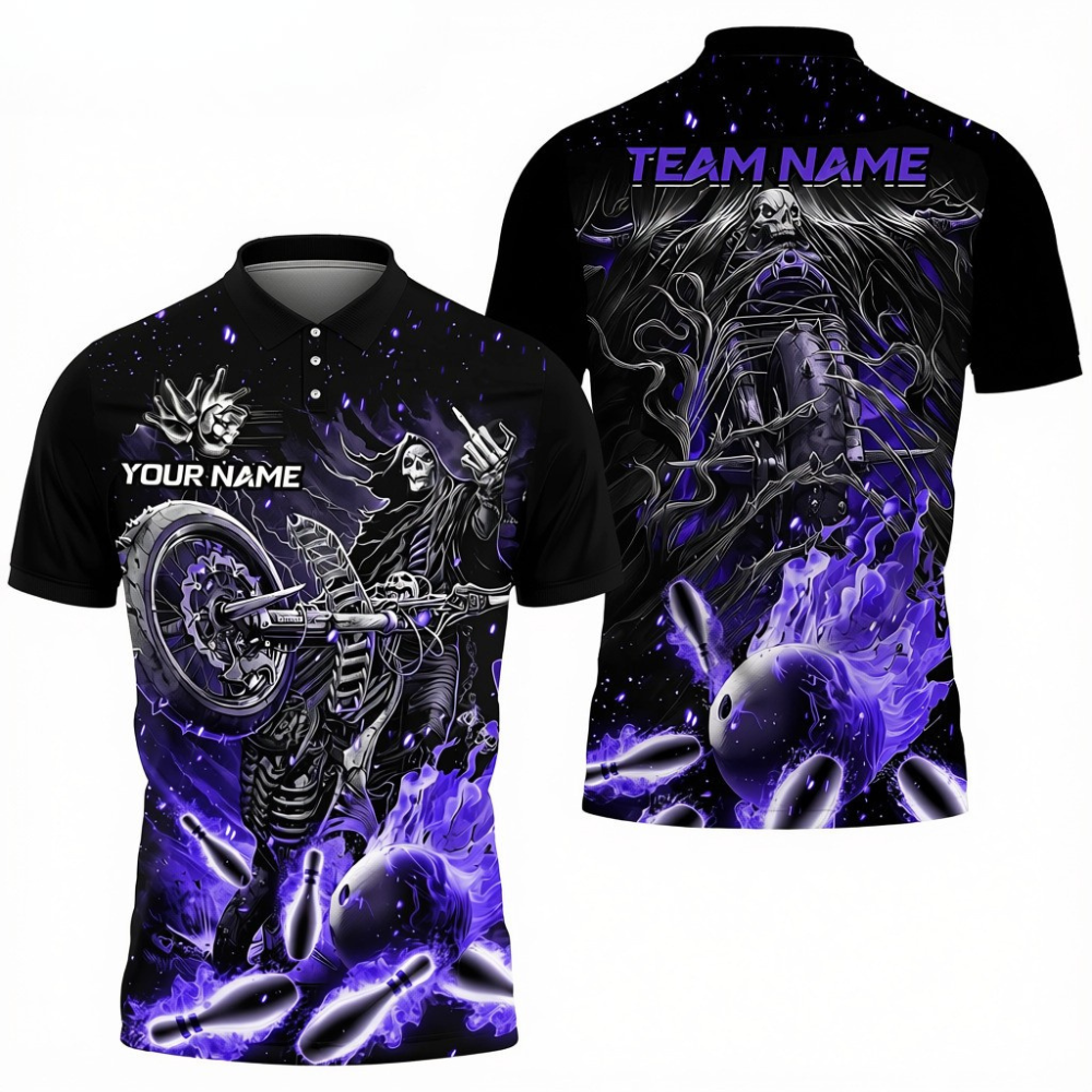 Custom Skeleton Motor Bowing Polo Shirt Mens, Custom Skull Team Bowling Shirts BZ0699