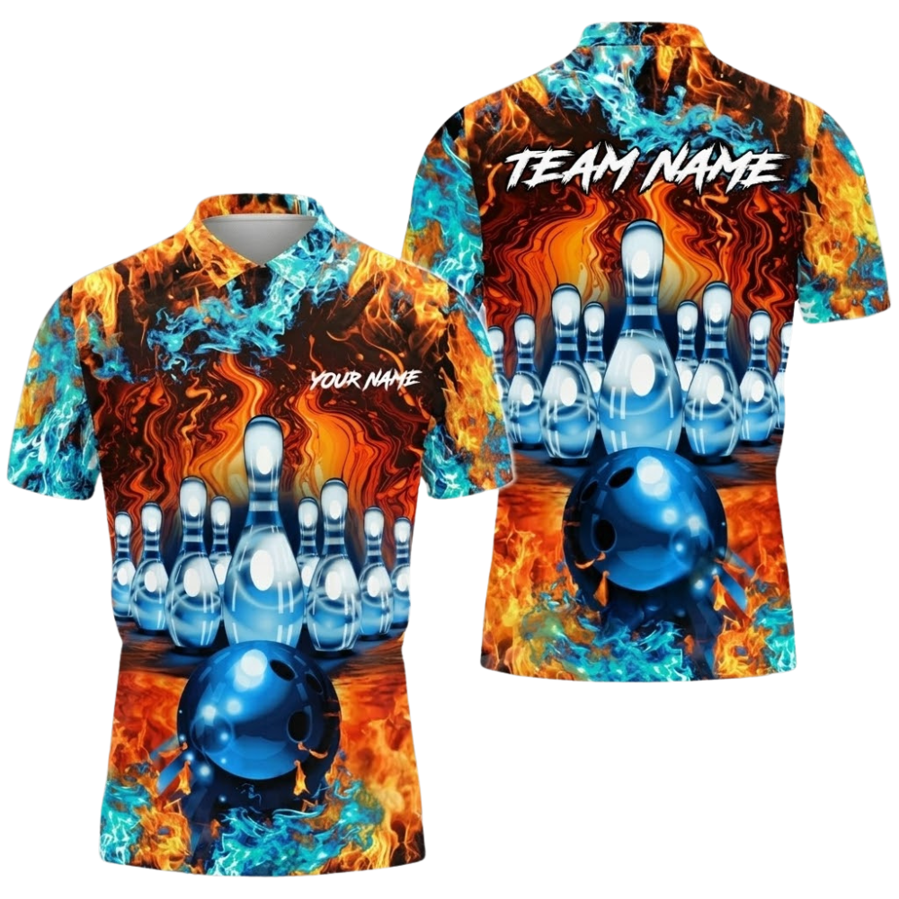 Custom Blue And Orange Flame Bowling Polo Shirt For Men, Custom Flame Bowling Shirt Team BZ0692