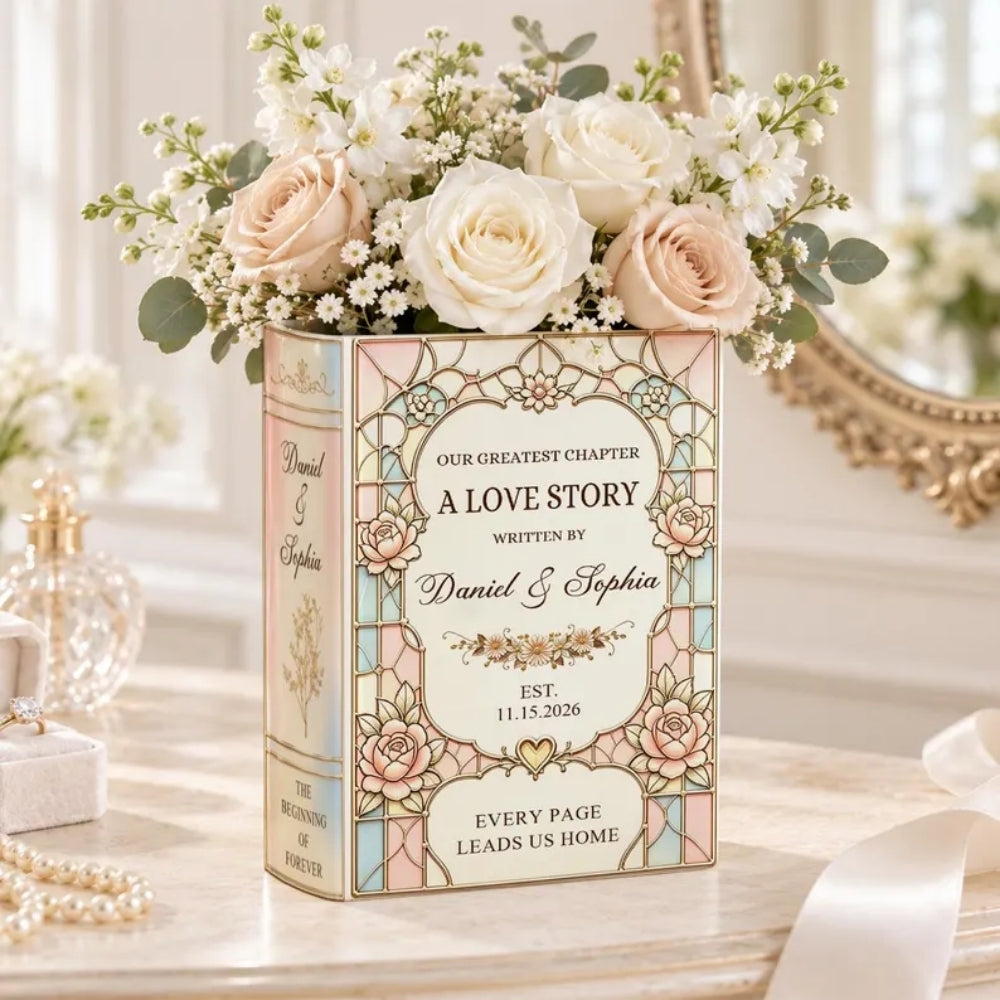 Our Greatest Chapter Personalized Stained Glass Wedding Ceramic Book Vase, Custom Wedding Keepsake Book Vase WD0979