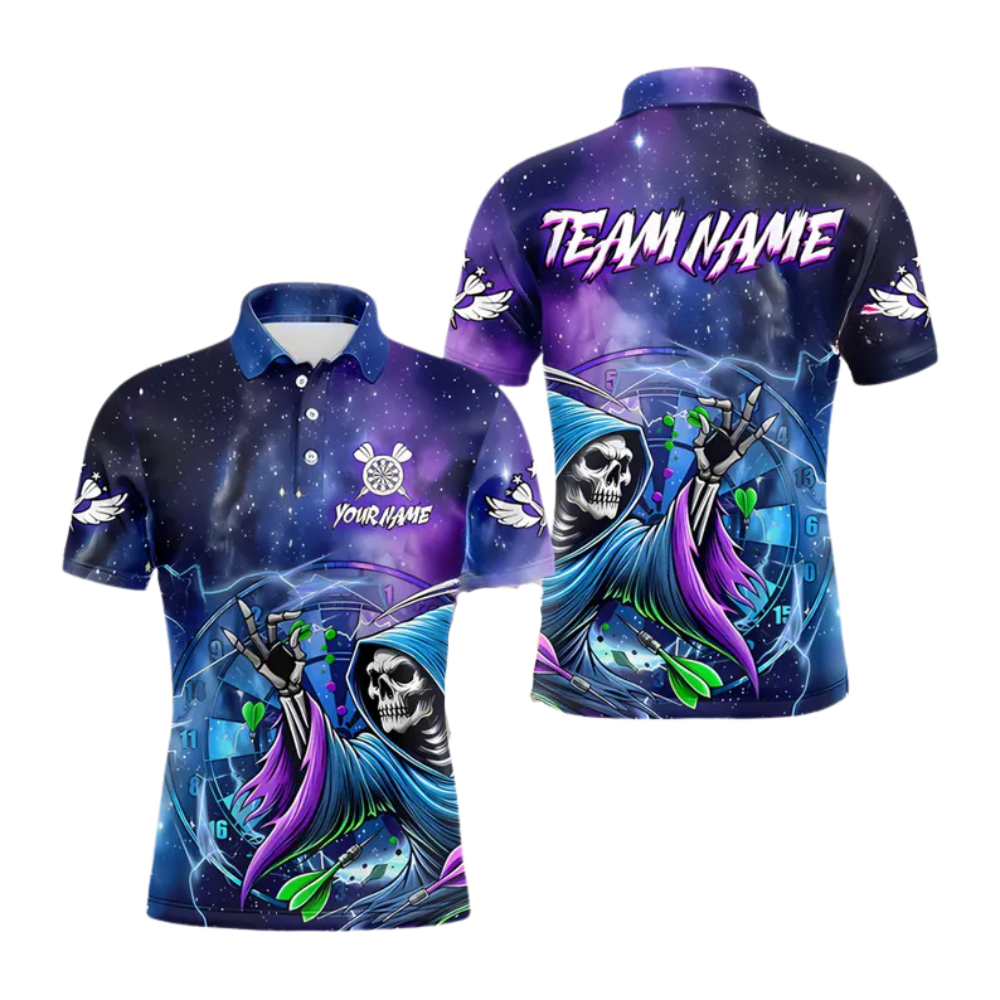 Custom Skull Grim Reaper Galaxy Dart Polo Shirt Mens, Custom Skull Darts Team Shirts DE0025