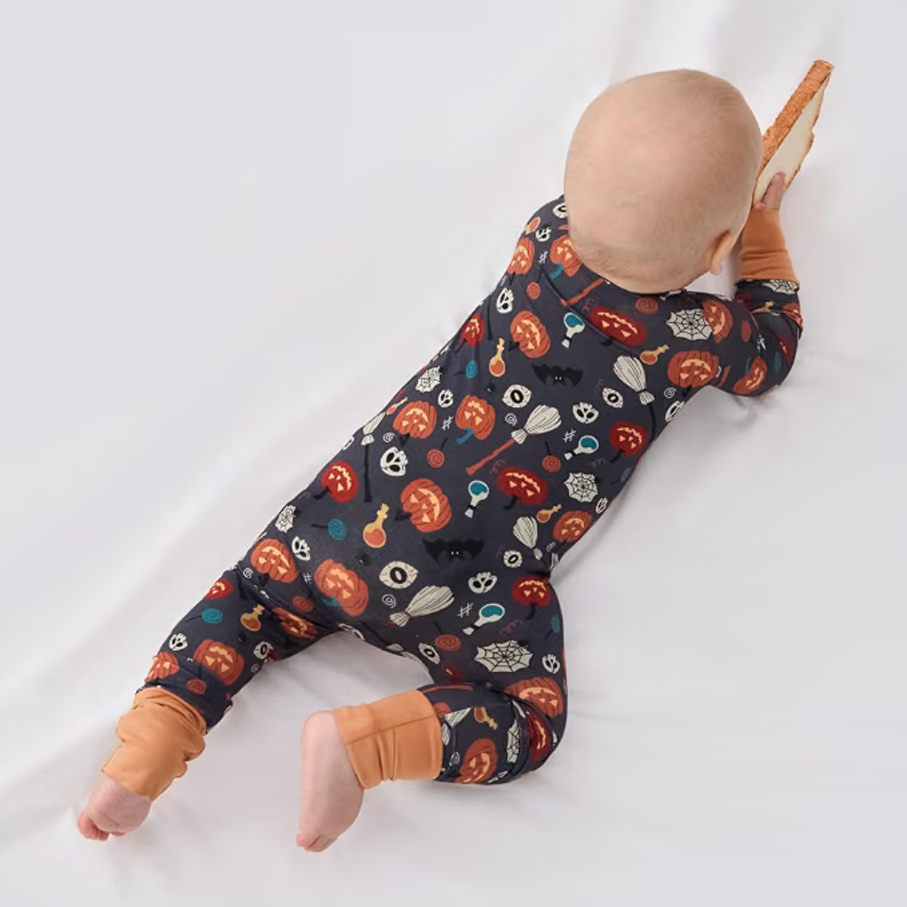 Ghost Pumpkin Baby Convertible Zippy Romper Black And Orange, Halloween Baby Converible Romper BB0819