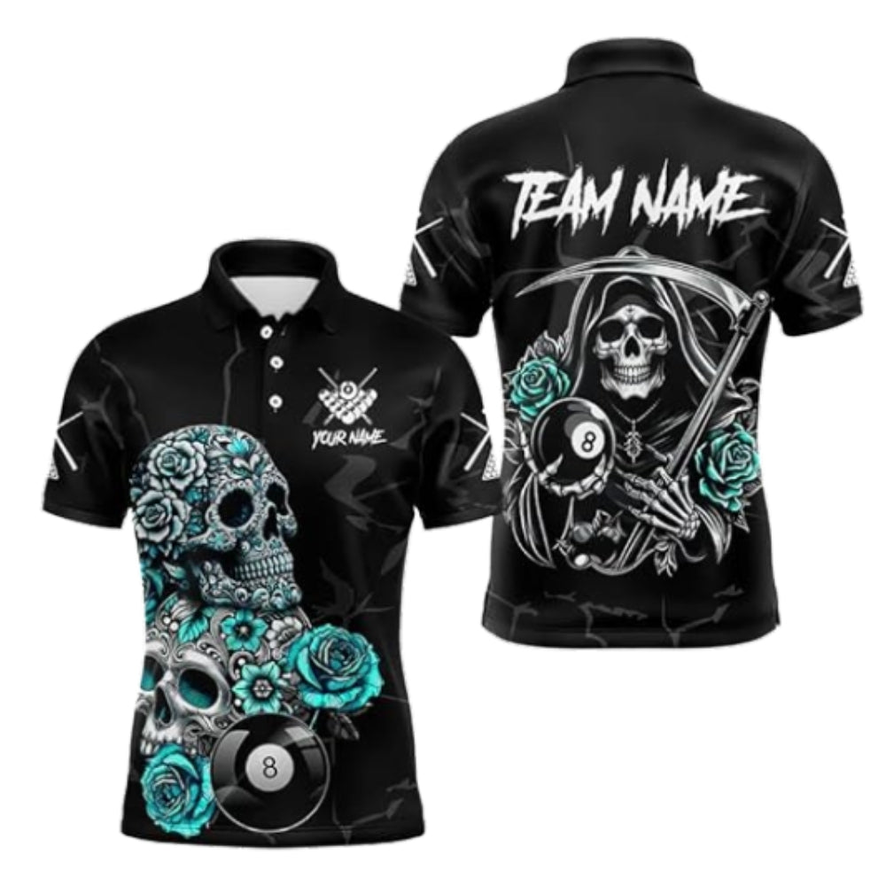 Custom Black And Cyan Sugar Skull 8 Ball Polo Shirt For Men, Custom Skull Billiard Team Shirt BIZ0264