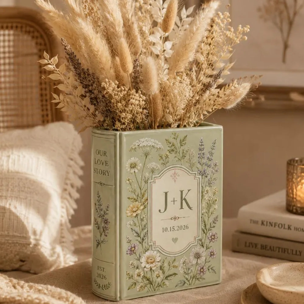 Green Floral Custom Wedding Ceramic Book Vase, Custom Wedding Anniversary Book Vase WD0981