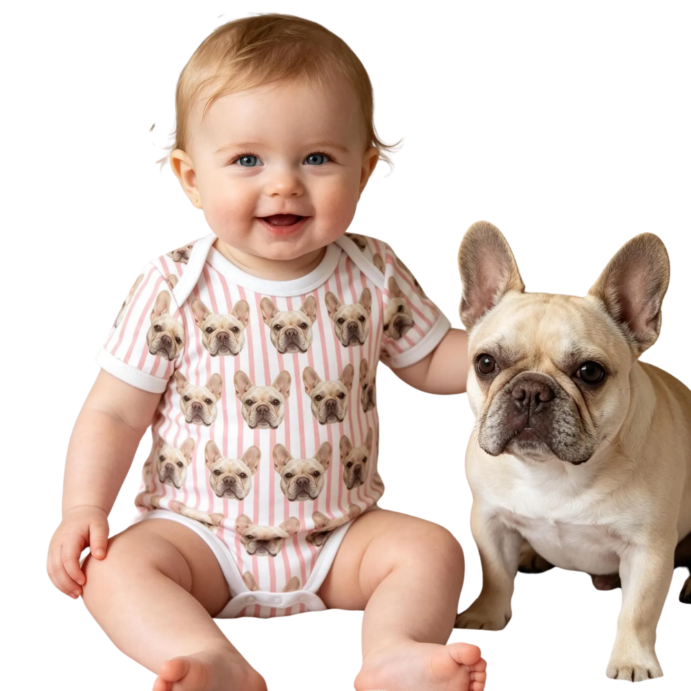 Custom Dog Cat Face Striped Baby Bodysuit, Custom Photo Pet Baby Bodysuit BB0309