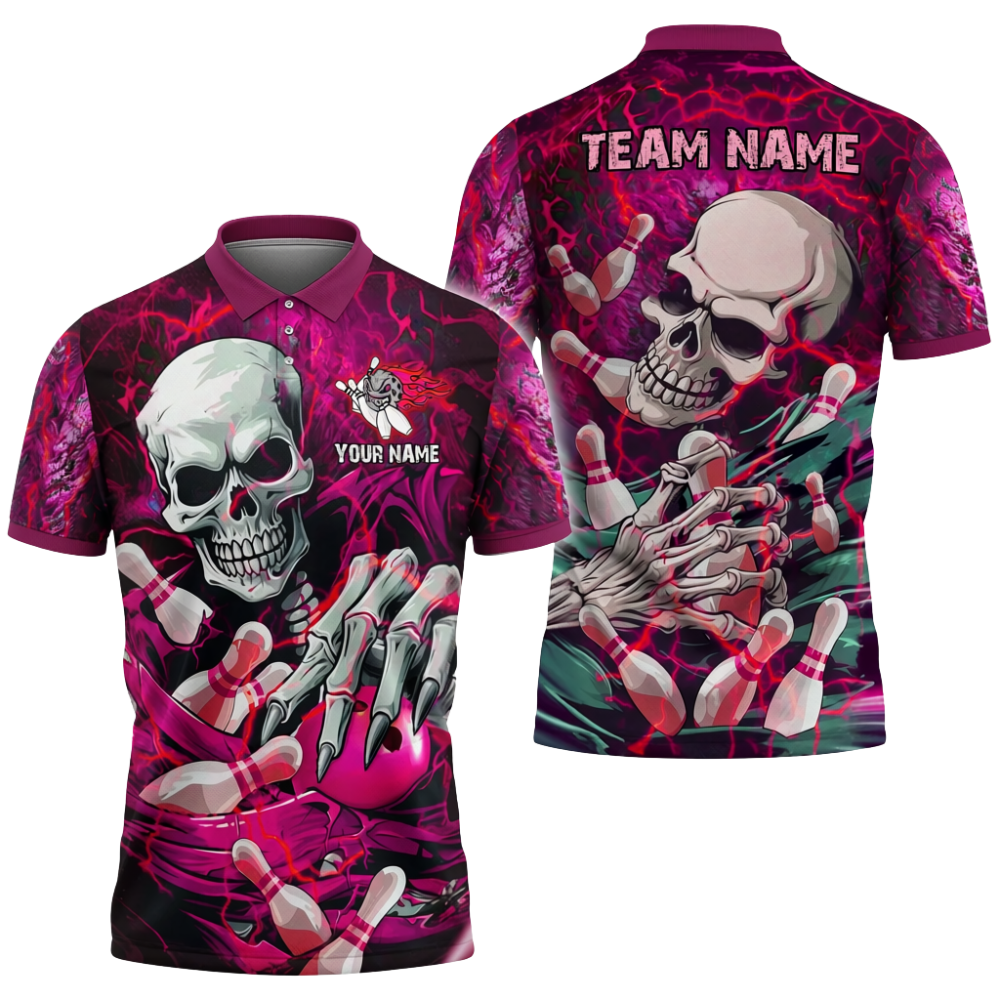 Custom Mens Skull Bowling Polo Shirt Blue, Custom Skull Bowling Team Shirts BZ0717