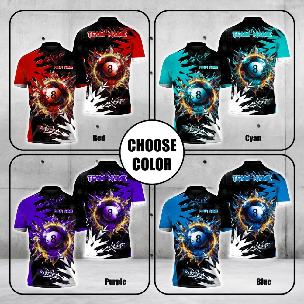Custom Team Black And Cyan Frozen 8 Ball Billiard Polo Shirt For Men, Custom 8 Ball Billiard Team Shirts BIE0045