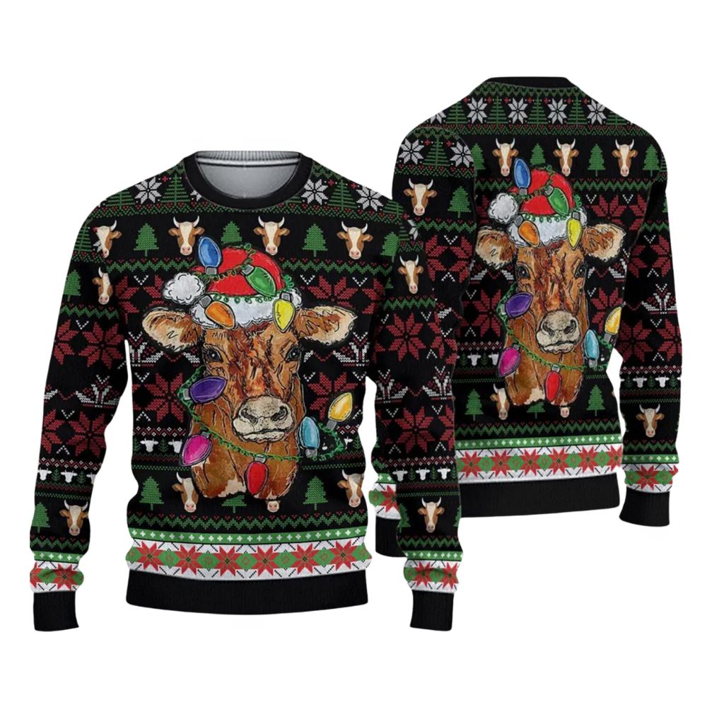 Highland Cow Xmas Light Ugly Sweater, Cow Lover Ugly Christmas Sweatshirt 2D1142