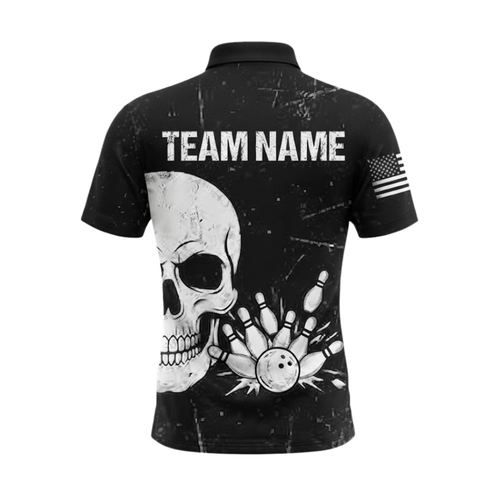 Custom Skull Black White Bowling Mens Polo Shirt, Custom Skull Bowling Team Shirt BZ0981