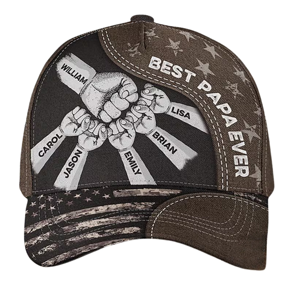 Best Papa Ever Custom Fist Bump Dad With Kid Names Baseball Cap, Custom Father's Day Hats Caps CP0226