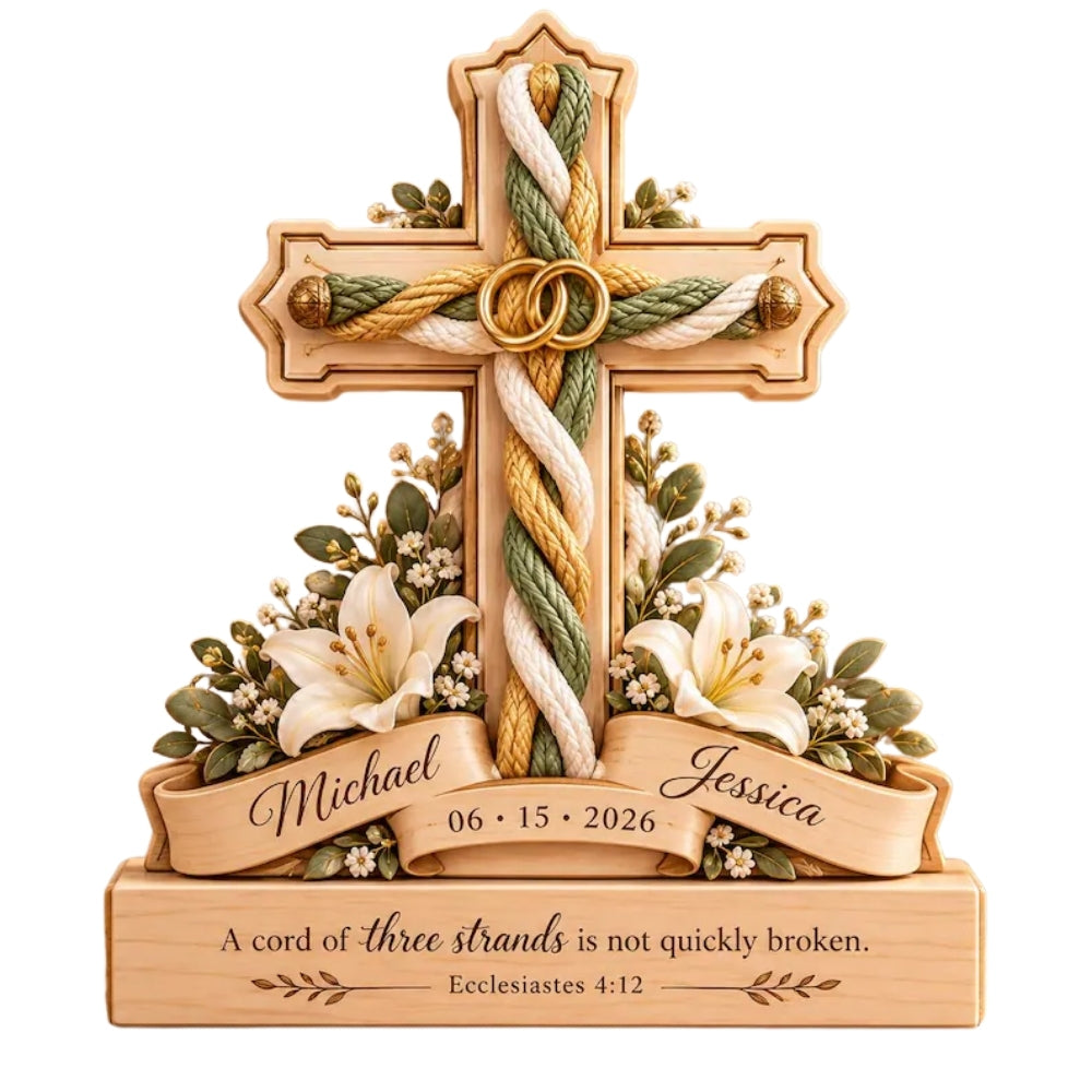 A Cord Of Three Strands Is Not Quickly Broken Custom Christian Wedding Layer Wooden Block, Custom Wedding Religious Wooden Plaque WD0882
