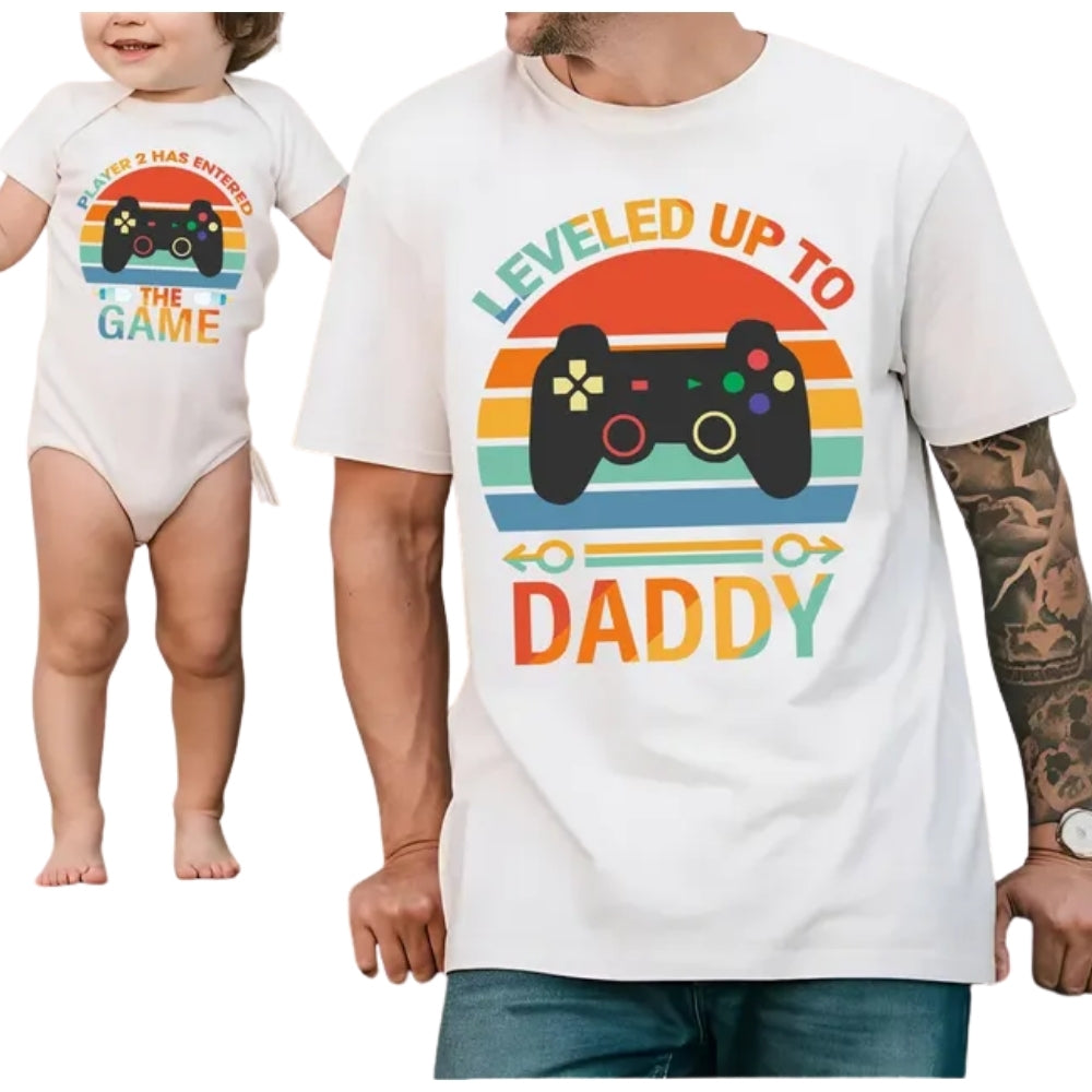 Leveled Up To Daddy Player 2 Has Entered The Game Matching Pregnancy Reveal T Shirt, New Dad Announcement Matching Dad Kids Shirts ET0973