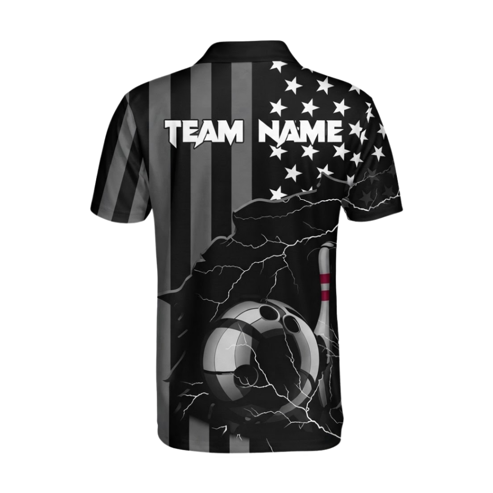 American Flag Custom Black Bowling Polo Shirt For Men, Custom Patriotic Bowling Team Shirt BZ0982