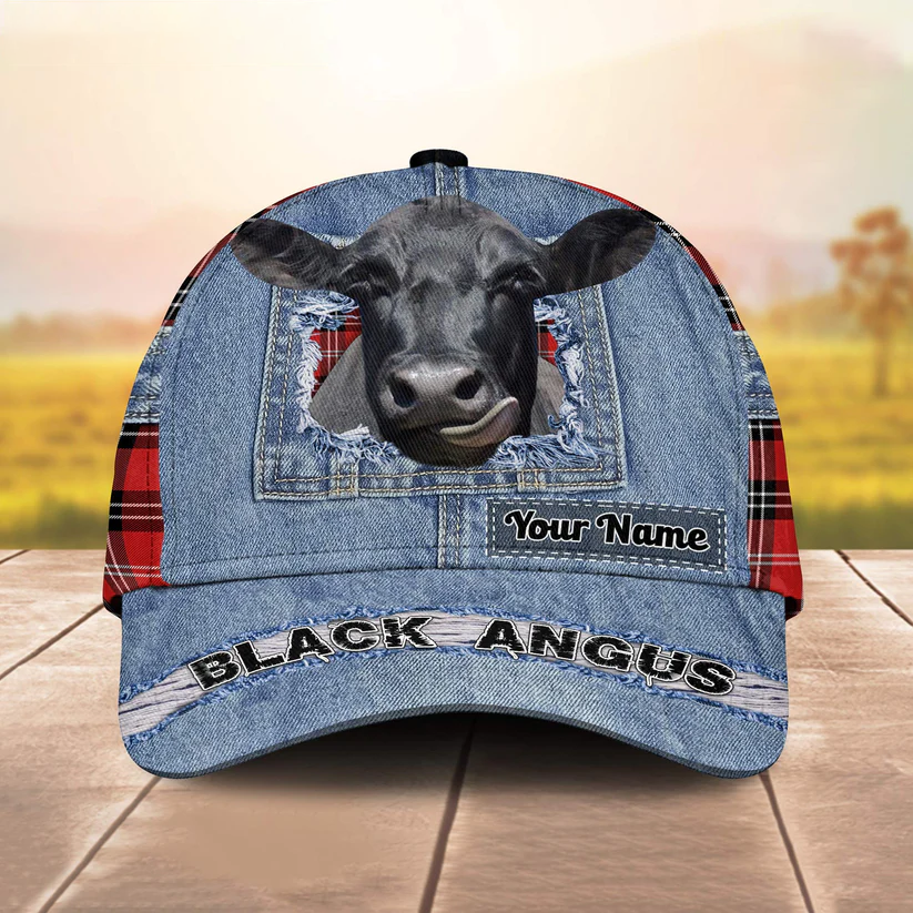Black Angus Overall Jeans Pattern And Red Caro Pattern Customized Name Cap CA0195