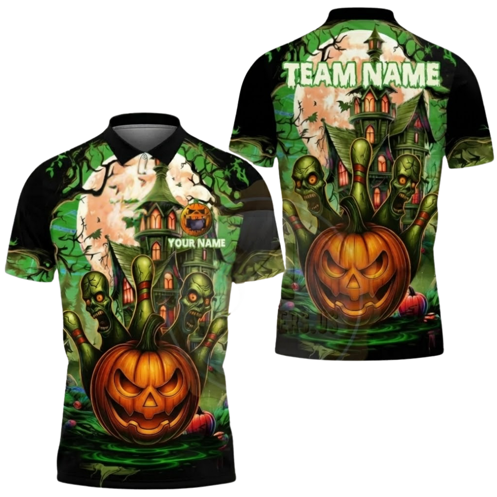 Custom Pumpkin Ball And Pins Bowling Polo Shirt For Men, Custom Team Halloween Bowling Shirt BZ0619