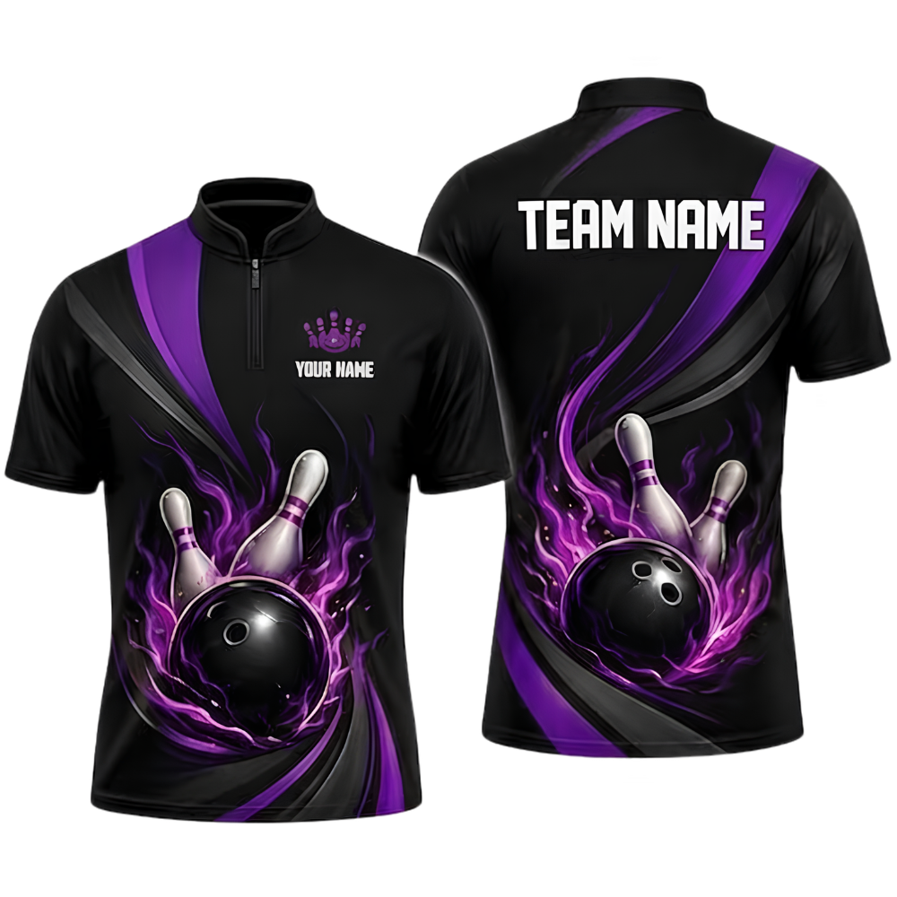 Custom Flame Red Black Bowling Jersey For Men, Custom Flame Team Bowling Shirt BZ0923