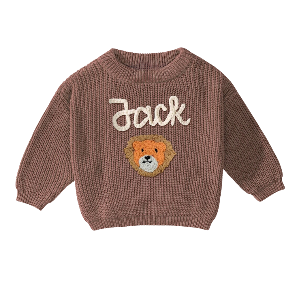 Custom Name Lion Embroidered Baby Knit Sweater, Custom Lion Knit Sweatshirt For Baby BB0125