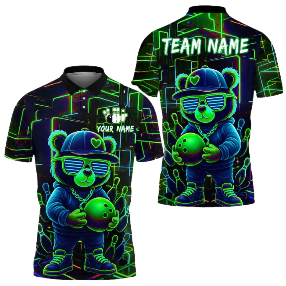 Custom Teddy Bear Neon Graffiti Bowling Polo Shirt For Men, Custom Bear Bowling Team Shirts BE0145