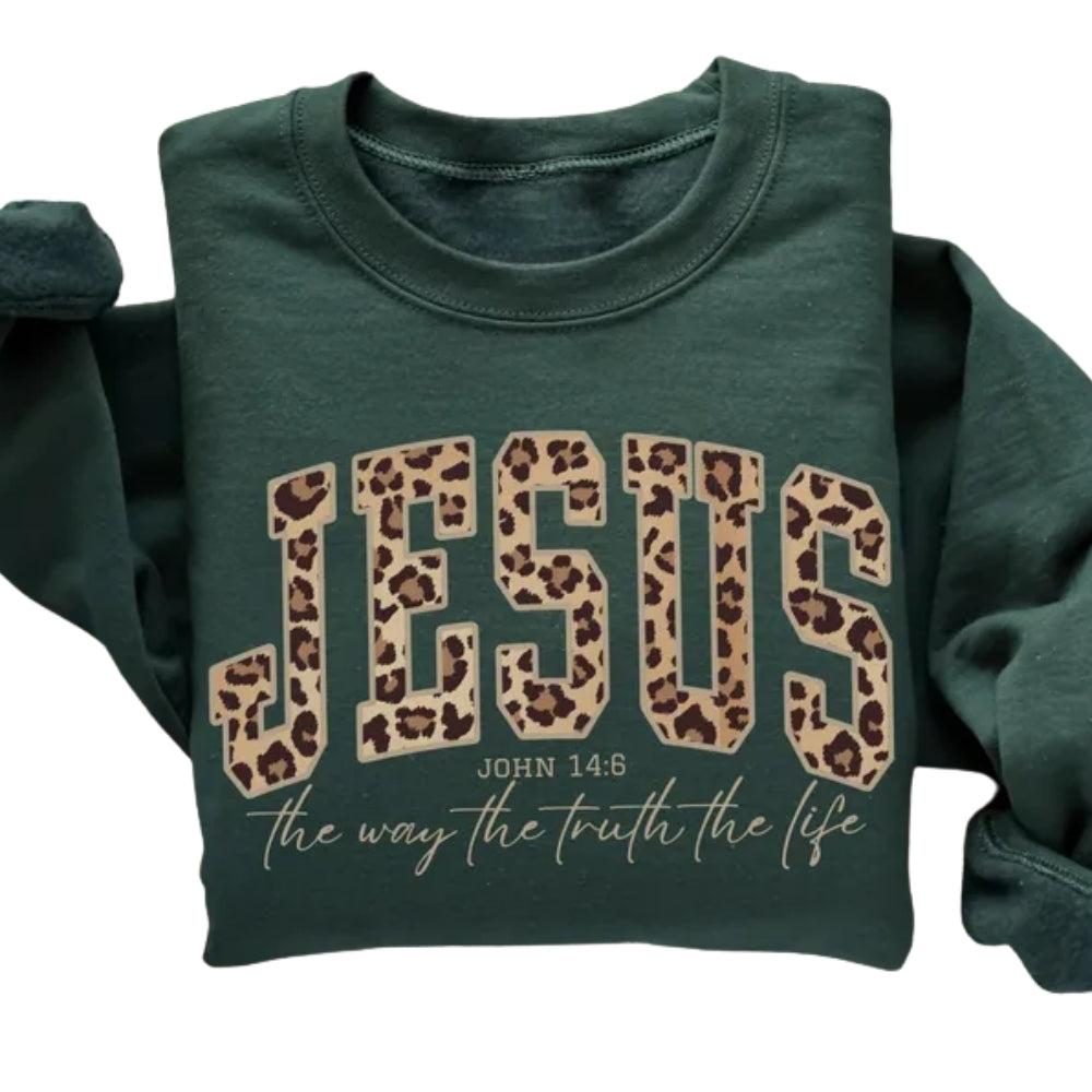 Jesus The Way The Truth The Life Leopard Sweatshirt, Cheetah Print Bible Verse Christian Jesus Sweatshirt 2D0281