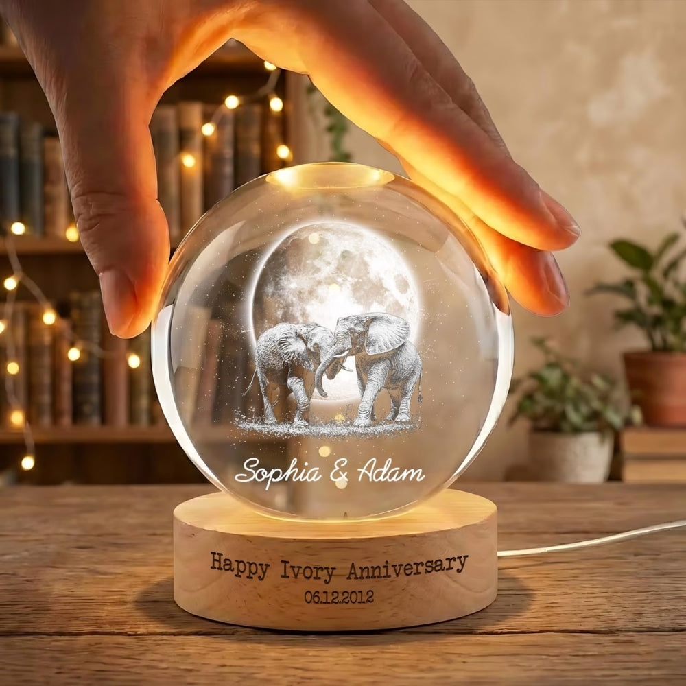 Personalized 14th Ivory Wedding Anniversary Crystal Ball Night Light, Custom Ivory Anniversary Night Light WD0044
