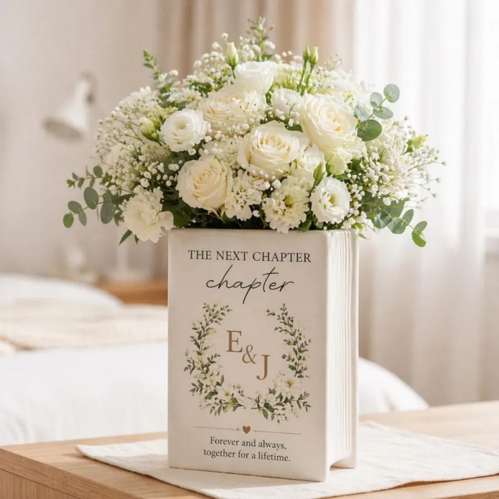 The Next Chapter Personalized Wedding Cereamic Book Vase, Custom Engagement Wedding Vase WD0366