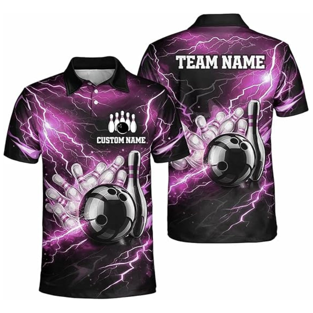 Custom Red Thunder Lightning Bowling Men Polo Shirt, Custom Thunder Bowling Team Shirts BZ0350