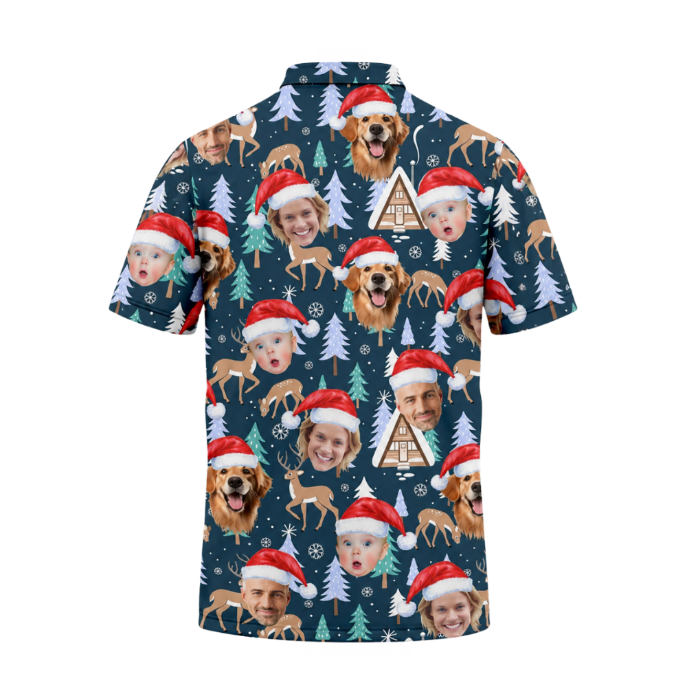 Personalized Face Reindeer Pine Tree Christmas Men's Dark Teal Golf Polo Shirts , Custom Photo Christmas Golf Shirts GZ0455