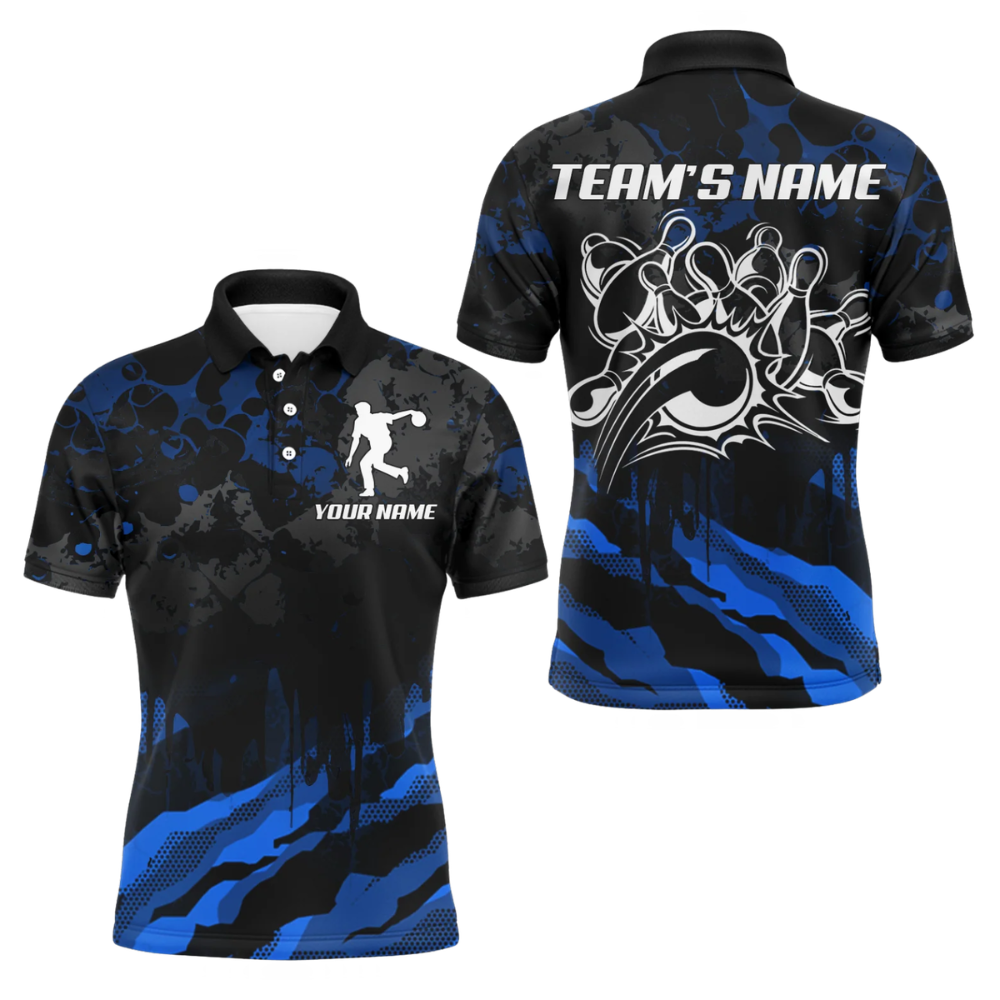 Custom Camouflage Bowling Mens Polo Shirts Black And Red, Custom Camo Team Bowling Shirt BZ1096