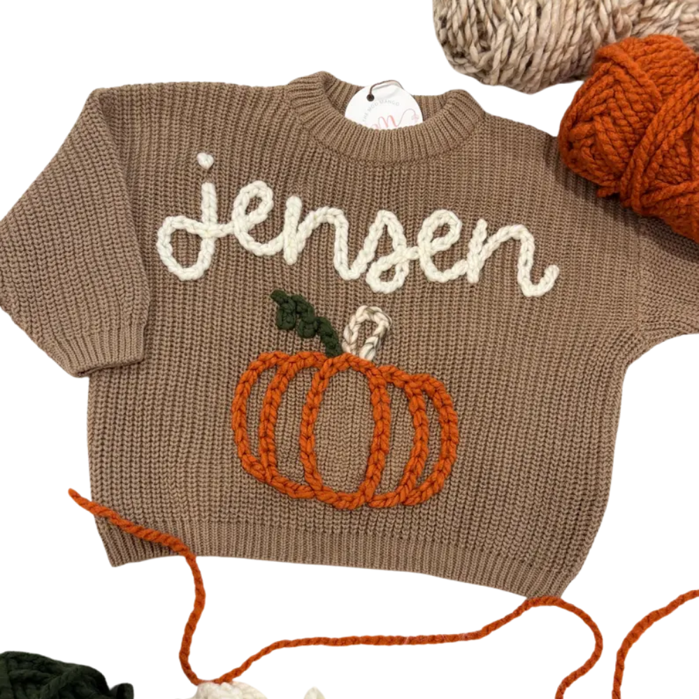 Personalized Pumpkin Embroidered Knit Baby Sweater, Custom Name Baby Knit Sweatshirt For Thanksgiving BB0126
