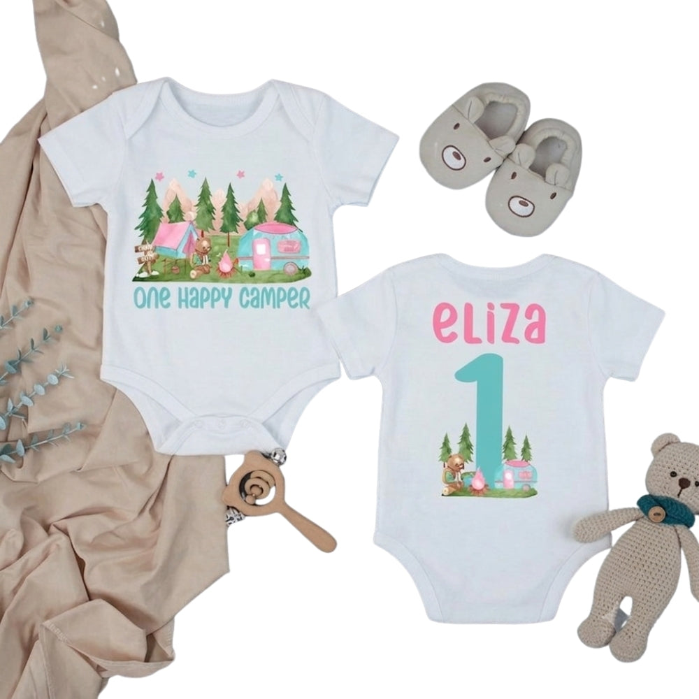 Custom One Happy Camper First Birthday Family Matching Shirts, Custom Camping Family Shirts For 1st Birthday ET1078