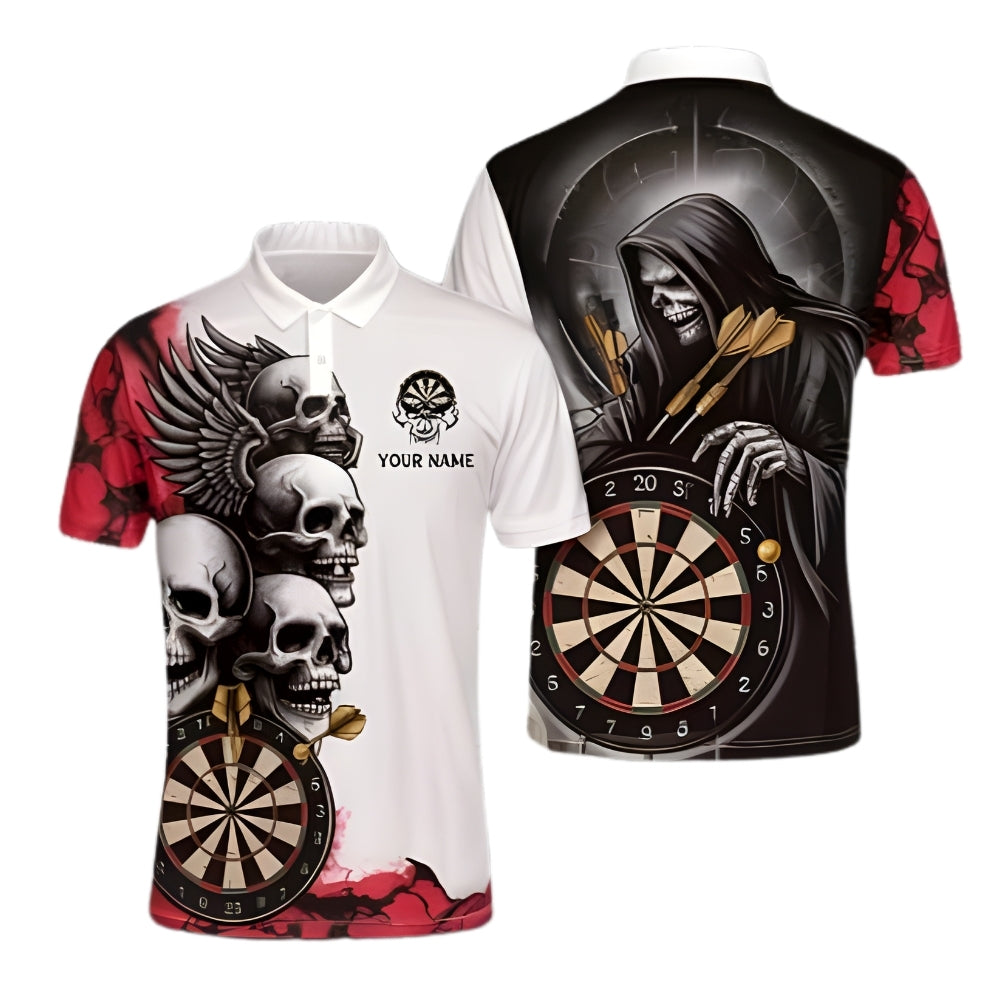 White And Red Custom Skeleton Darts Polo Shirt For Mens, Custom Skull Darts Shirts DZ0028