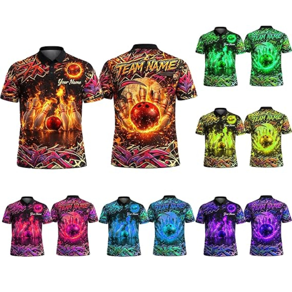 Custom Flame Graffiti Bowling Polo Shirt For Men, Custom Flame Bowling Team Shirts BZ0352