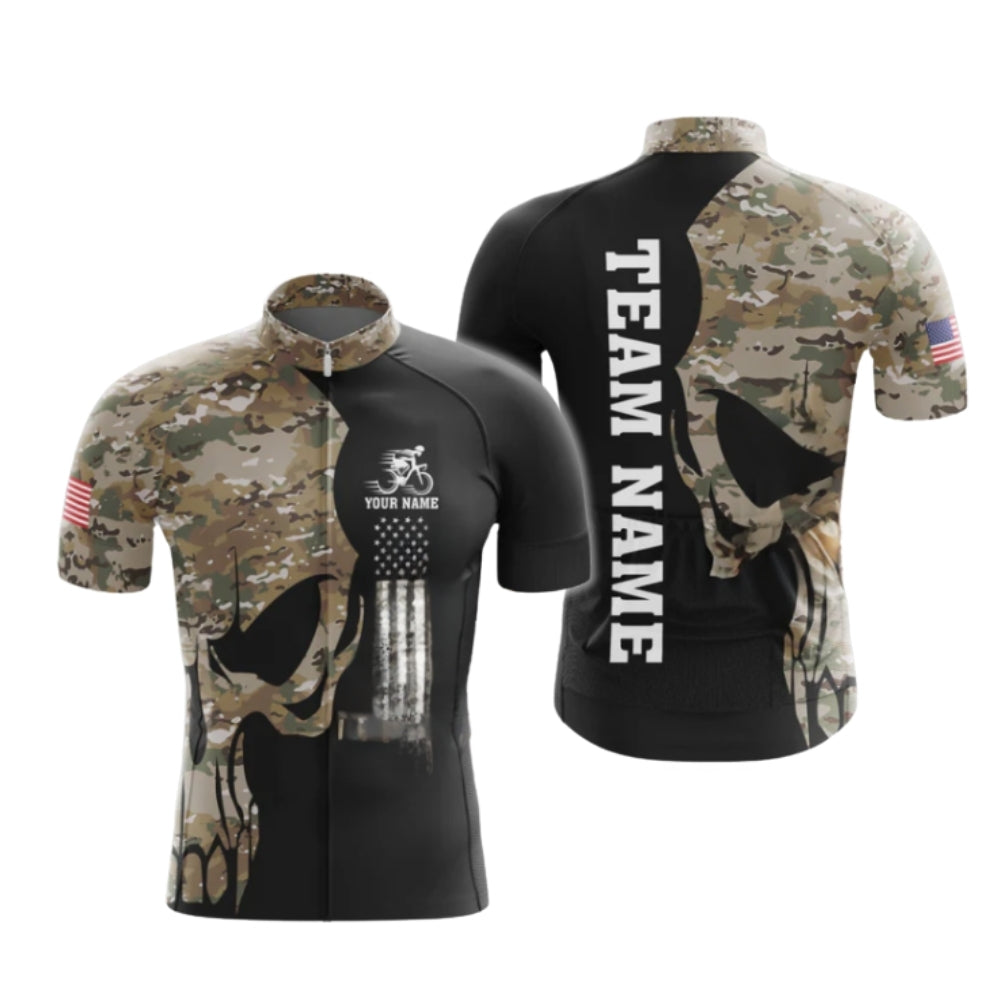 Custom Green Camo Skull Short Sleeve Cycling Jerey For Men, Custom Skull Cycling Jerseys CG0493