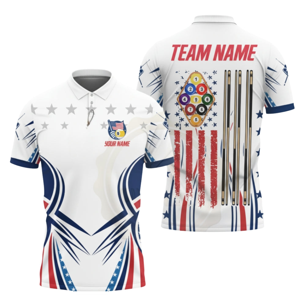 American Flag Custom White Billiard Polo Shirt Men, Custom Patriot Billiard Team Shirts BIZ0280