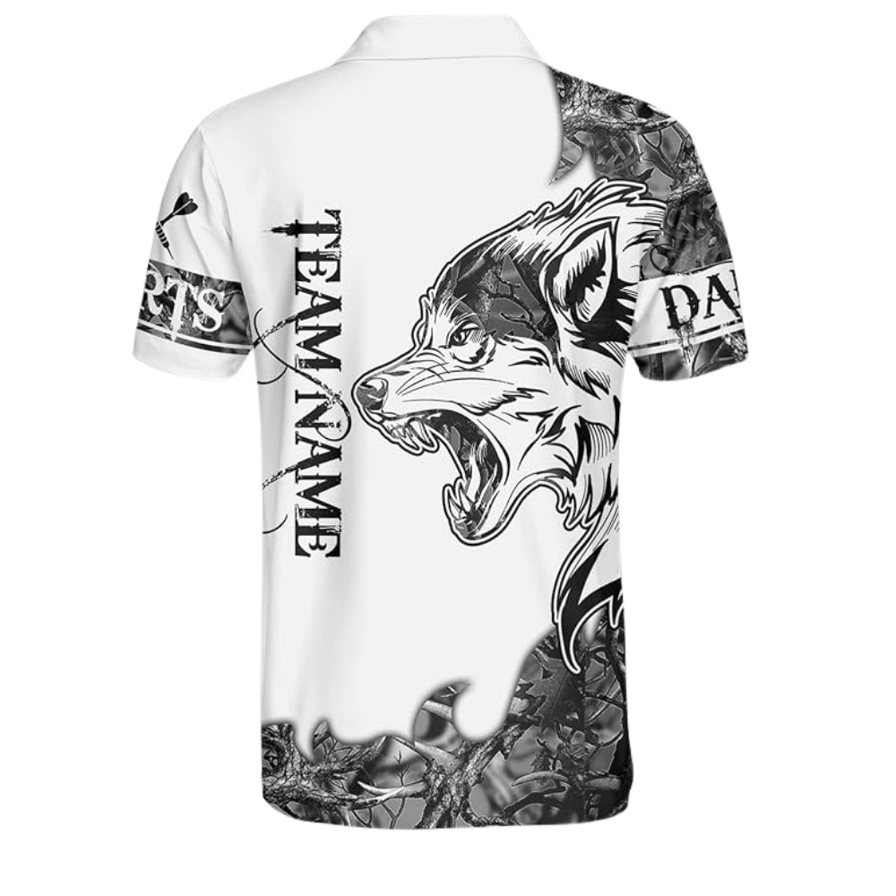 Custom Black And White Wolf Darts Polo Shirt Mens, Custom Wolf Darts Team Shirts DZ0026